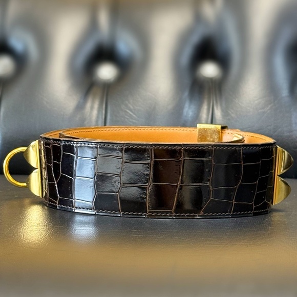 Vintage Hermès Ebene brown CROC collier de chien crocodile belt main image 13